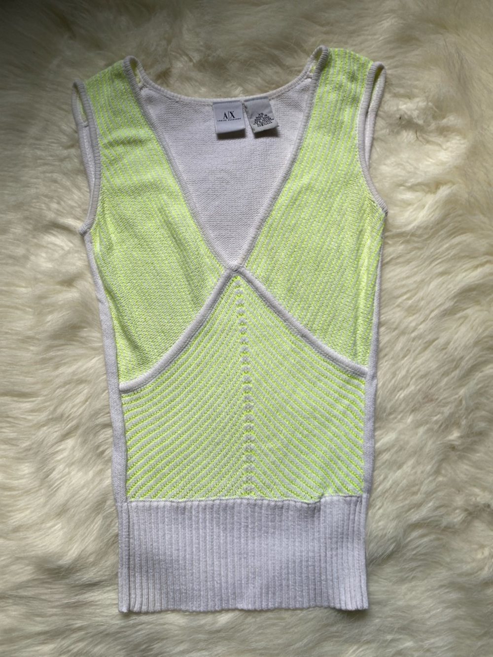 A|X Armani Exchange Neon Lime and White V-Neck Knit Tank